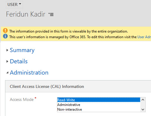 User form in Dynamics 365 showing the Access Mode setting