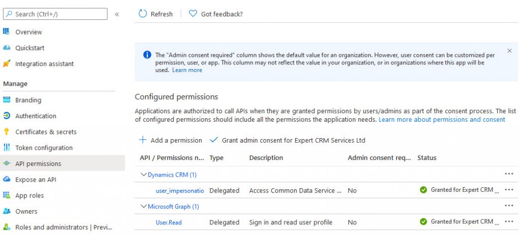 The API Permissions for an Azure Application Registration showing Dynamics CRM user_impersonation