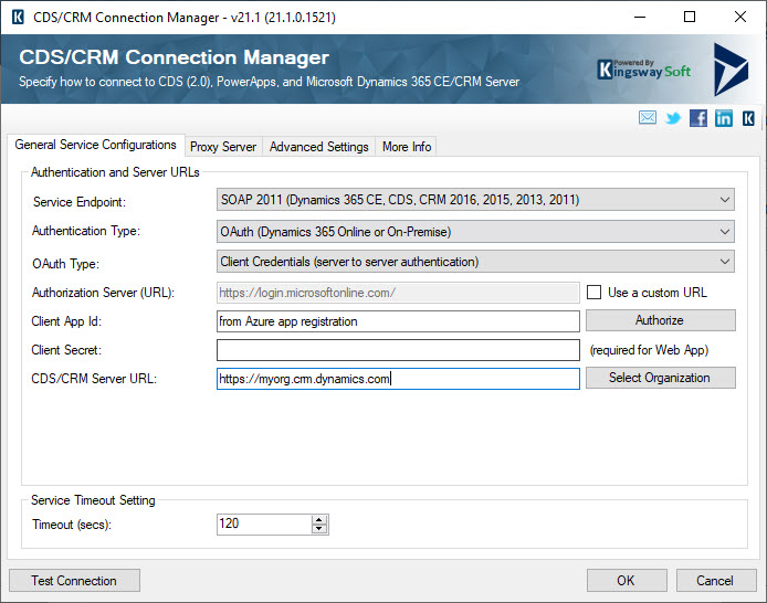 CDS/CRM Connection Manager for Kingswaysoft showing OAuth Client Credentials configuration