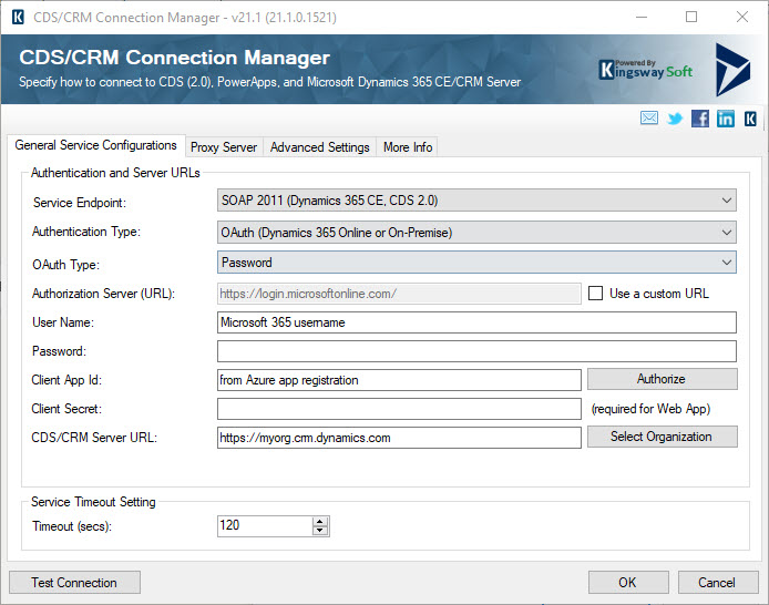 CDS/CRM Connection Manager for Kingswaysoft showing OAuth Password configuration