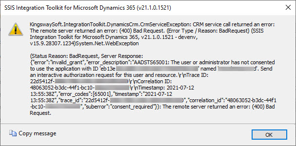 Error message showing consent is missing for an Azure Application Registration
